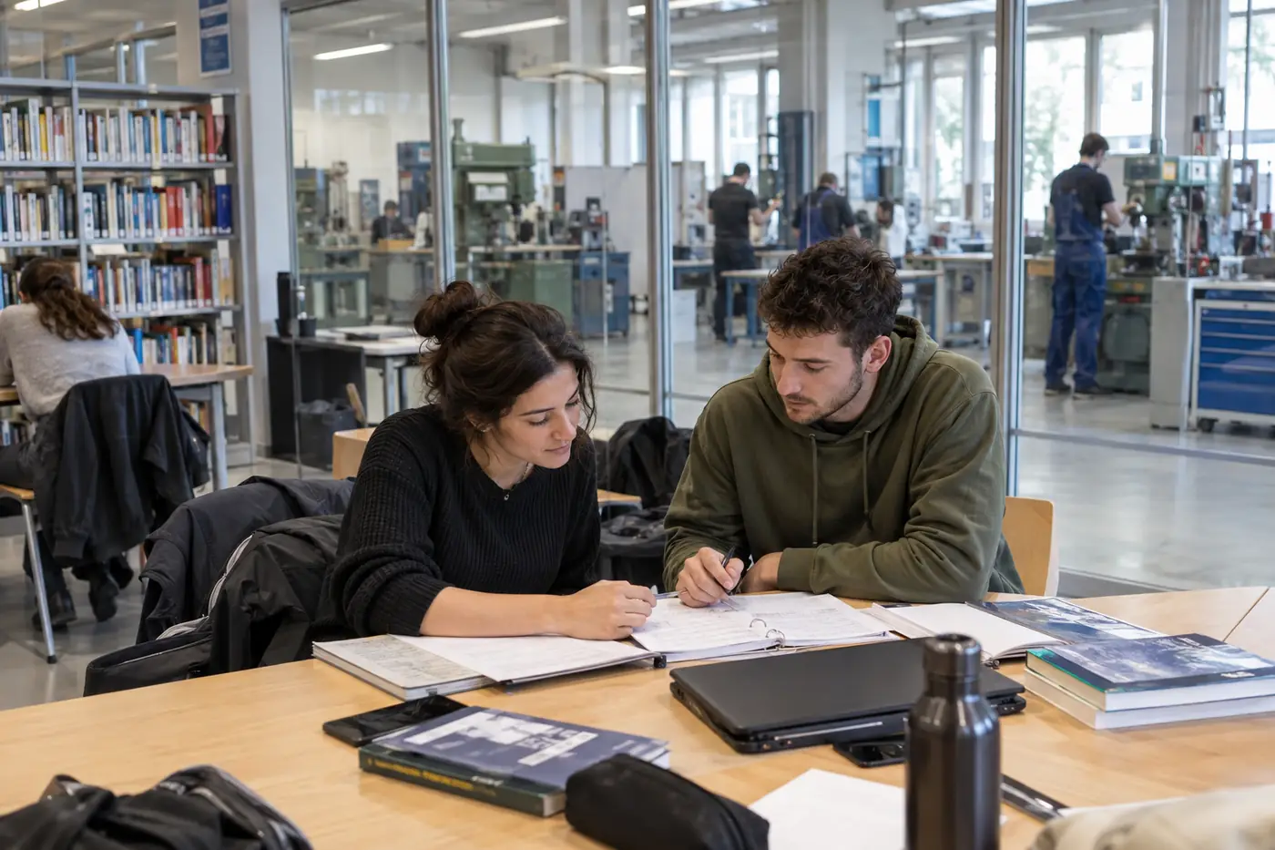 Ausbildung mesleklerini araştıran iki öğrenci meslek okulu kütüphanesinde not alıyor