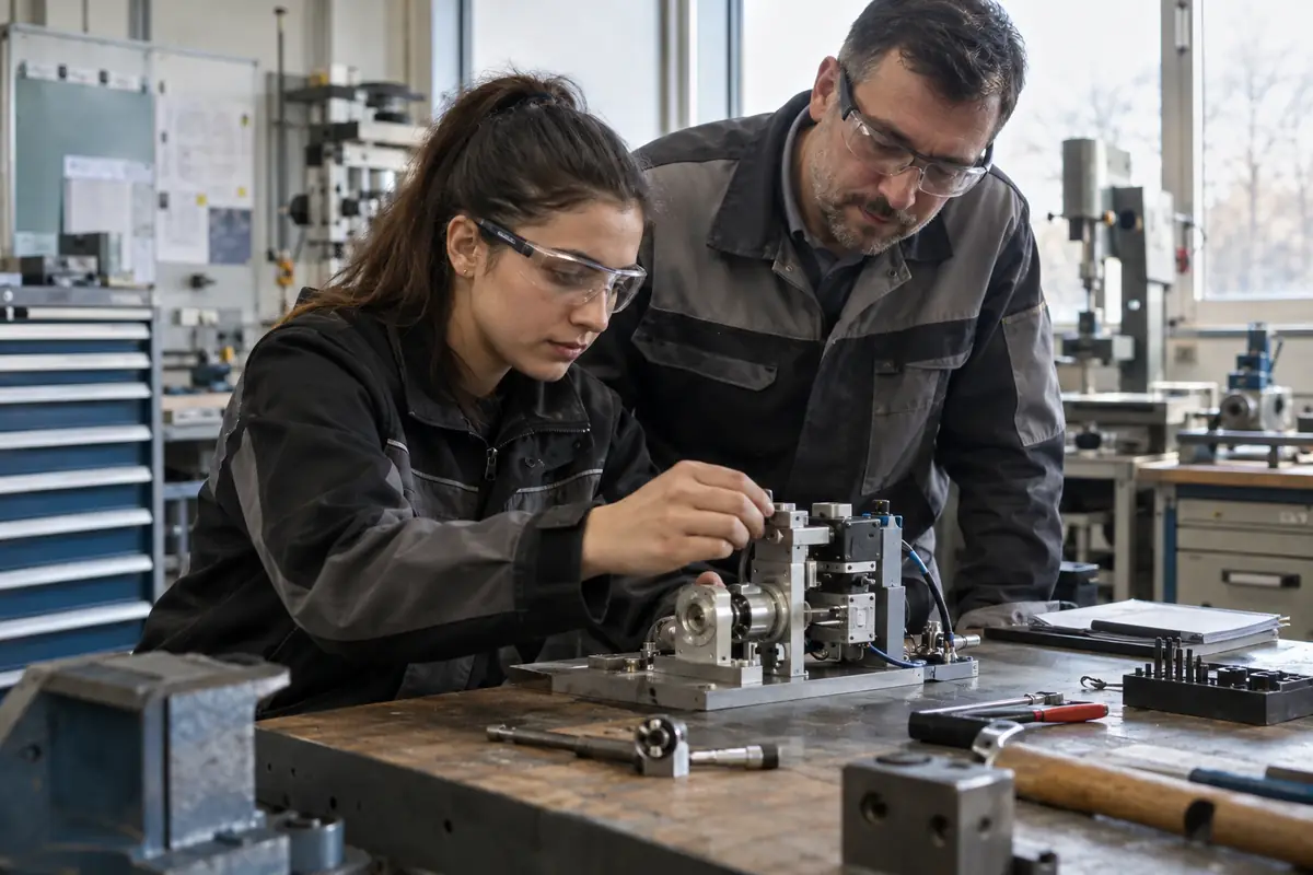 Elektrik ve mekatronik Ausbildung öğrencisi atölyede koruyucu gözlükle montaj ve ölçüm yapıyor