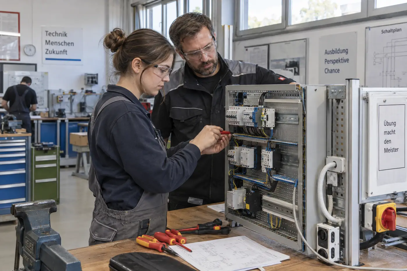 Elektrik ve mekatronik Ausbildung öğrencisi atölyede kumanda panosunda çalışıyor, eğitmeni izliyor
