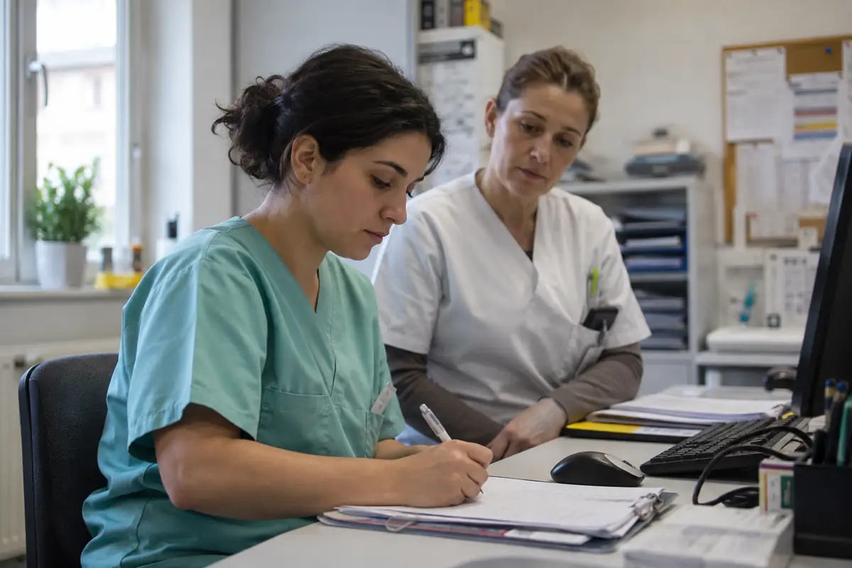 Hemşirelik Ausbildung öğrencisi hasta belgelerini doldururken eğitmeni yanında oturuyor
