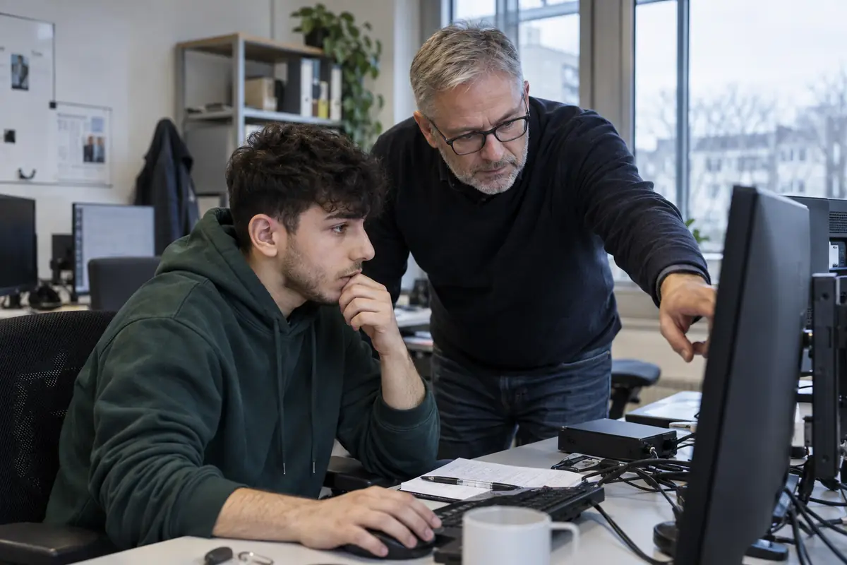 Fachinformatiker Ausbildung öğrencisi ofiste bilgisayar başında çalışırken eğitmeni ekranı gösteriyor