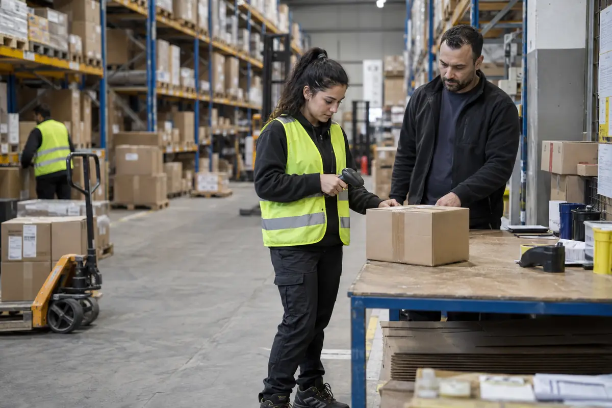 Lojistik Ausbildung öğrencisi depoda el terminaliyle koli okutuyor, eğitmeni sevkiyatı hazırlıyor