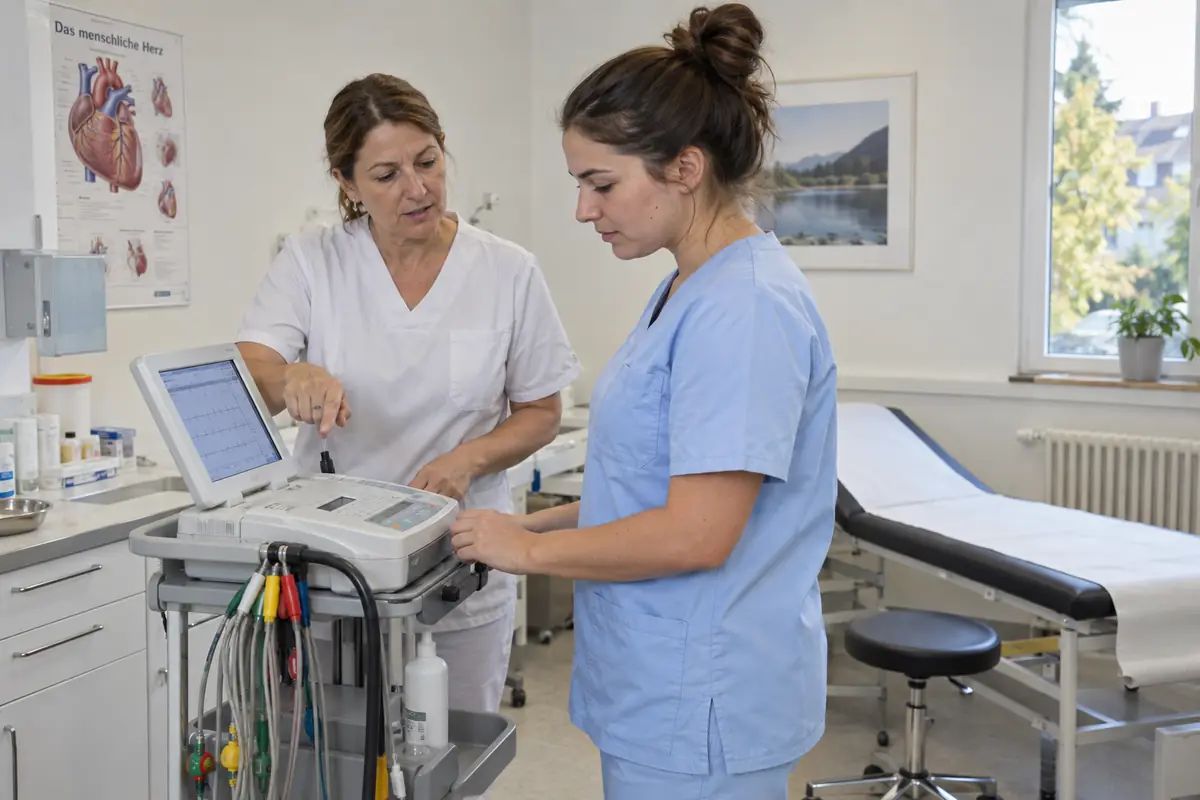 MFA Ausbildung öğrencisi muayene odasında EKG cihazını eğitmeniyle birlikte hazırlıyor