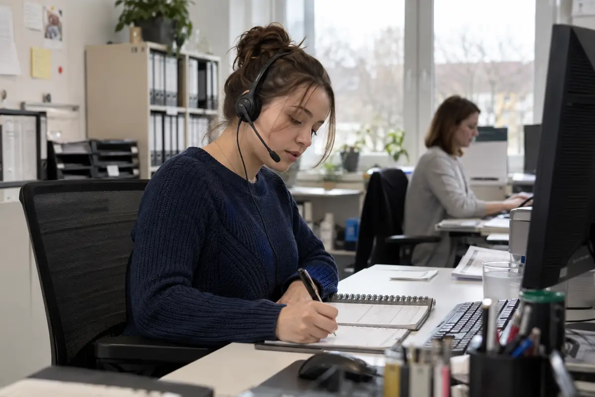 Ofis çalışanı kulaklıkla telefon görüşmesi sırasında not alıyor