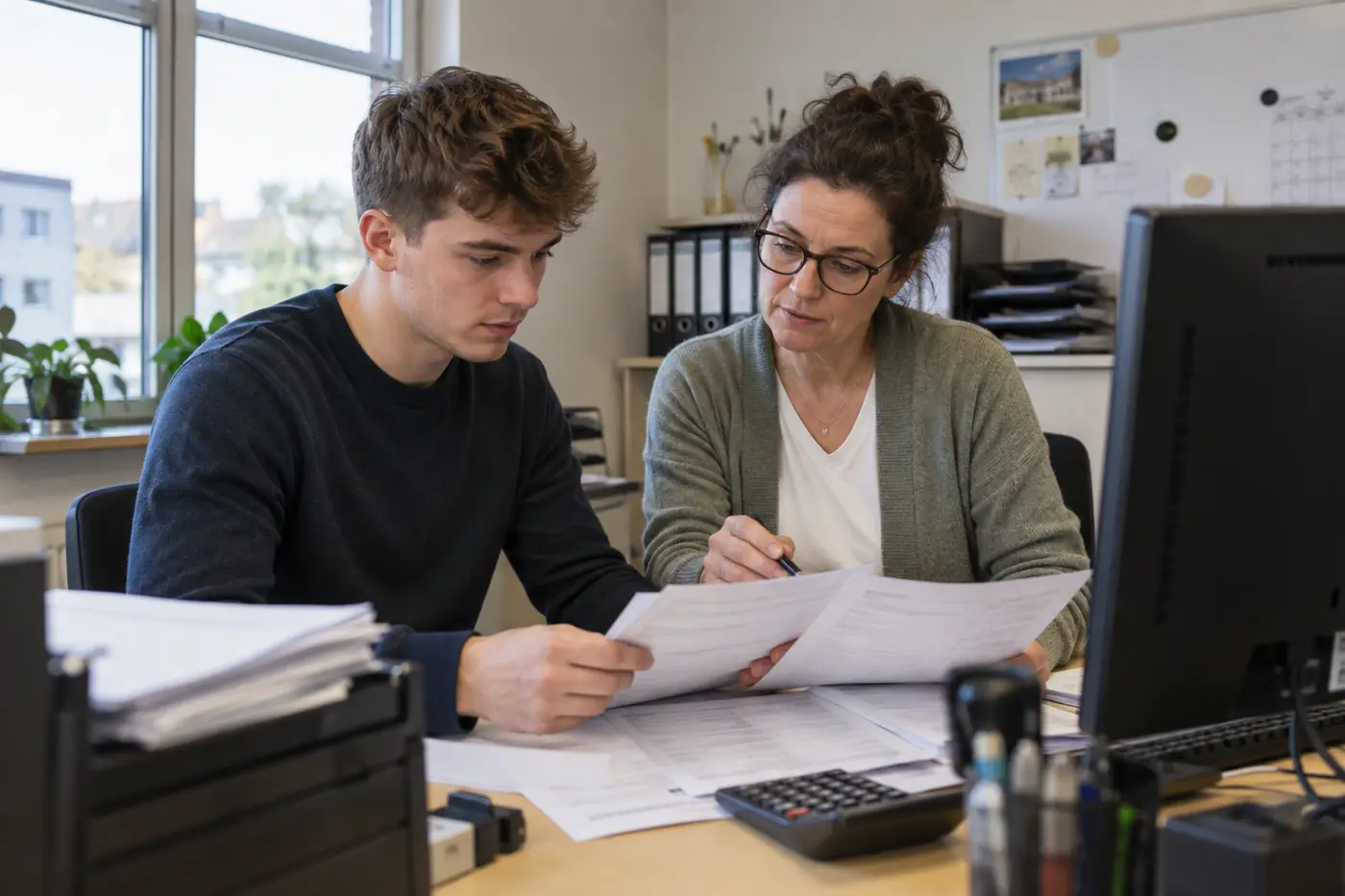 Ofis yönetimi Ausbildung öğrencisi belgeleri eğitmeniyle birlikte kontrol ediyor