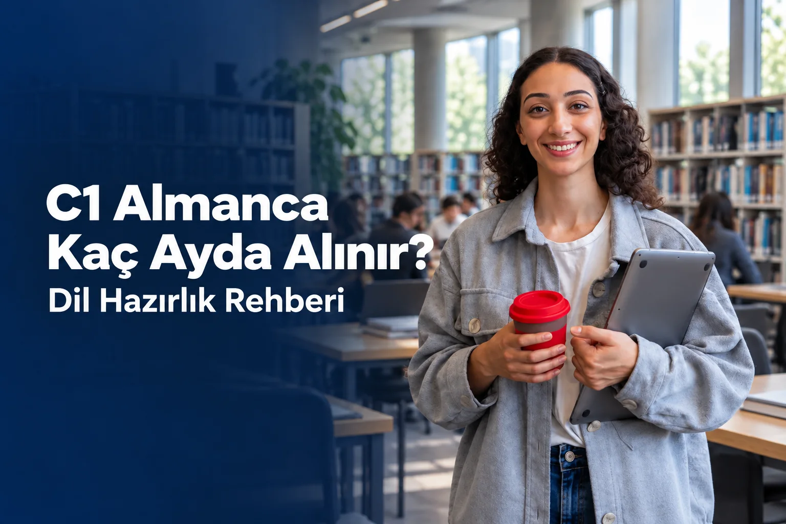 C1 Almanca Kaç Ayda Alınır ve Dil Hazırlık Rehberi başlıklı lacivert kapak; sağda kütüphanede tablet tutan temsili öğrenci